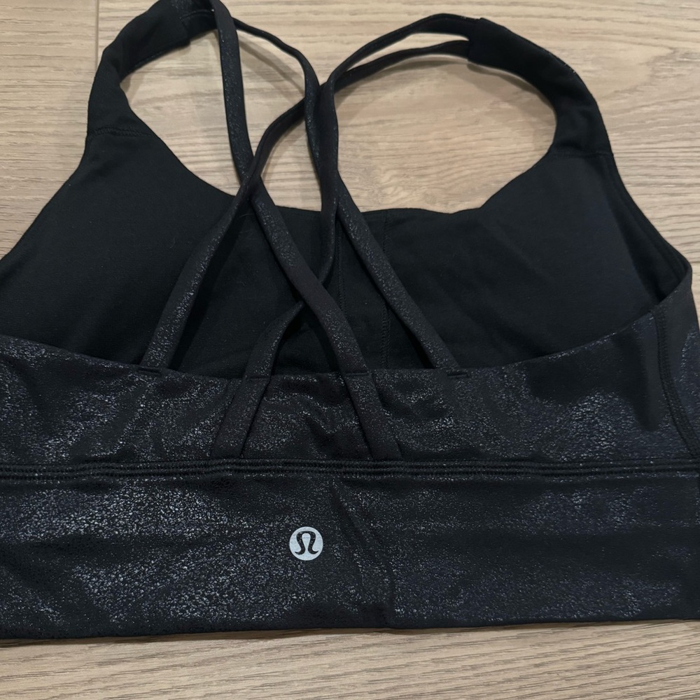 lululemon athletica Black energy long lin Bra Luminosity foil print black size 6